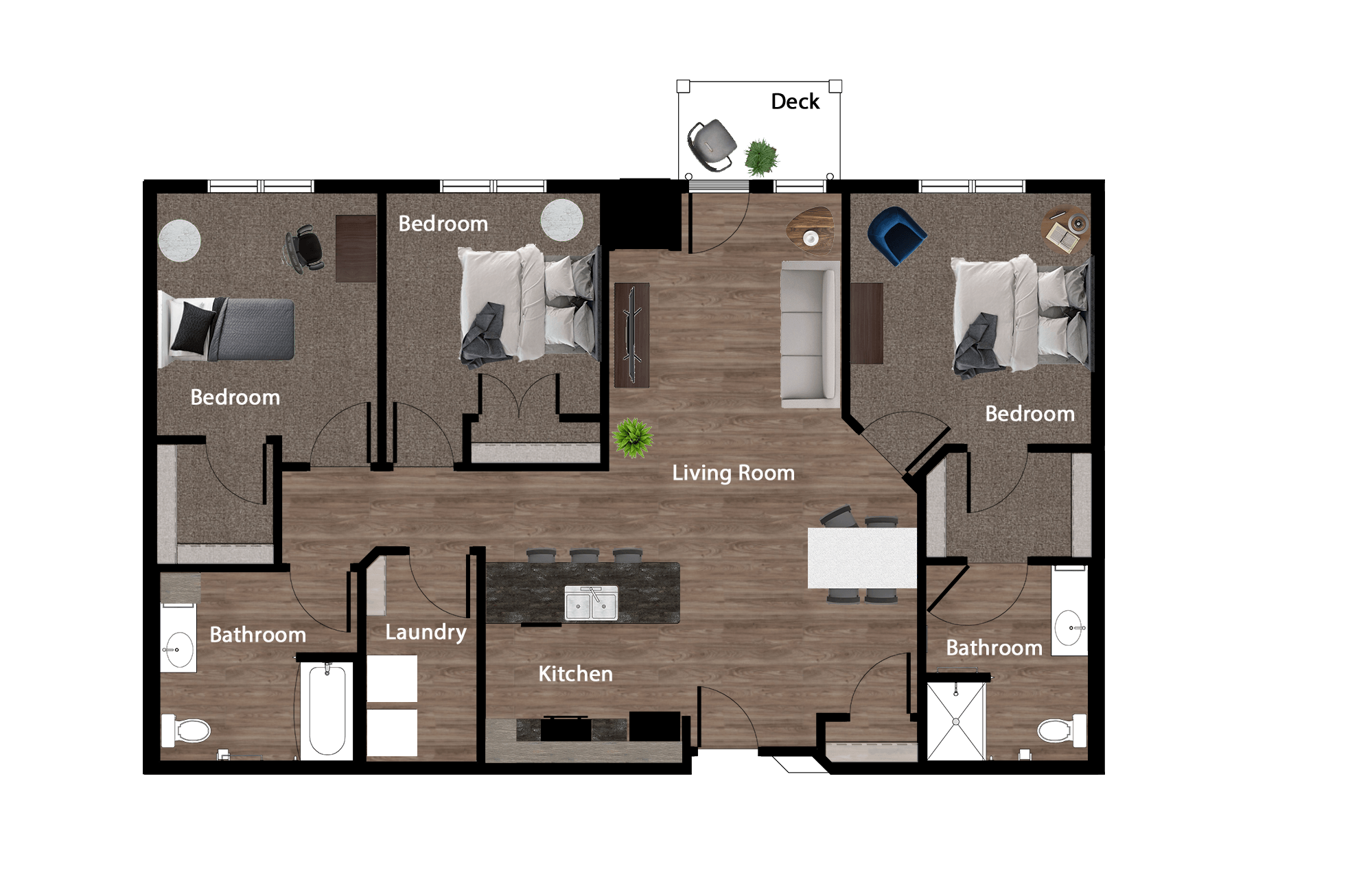 Floor plan for 3 beds, 2 baths, 1357 sqft